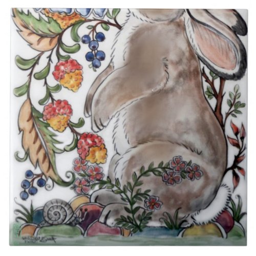Brown Bunny Rabbit Bird Floral Mural Bottom Face L Ceramic Tile