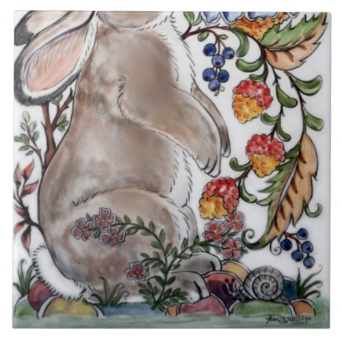 Brown Bunny Rabbit Bird Pretty Floral Mural Bottom Ceramic Tile
