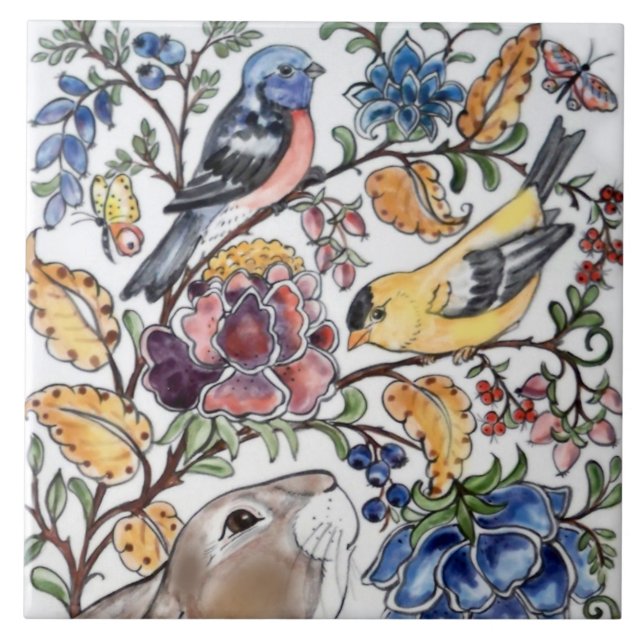Brown Bunny Rabbit Bird Pretty Floral Mural Top Ceramic Tile (Front)