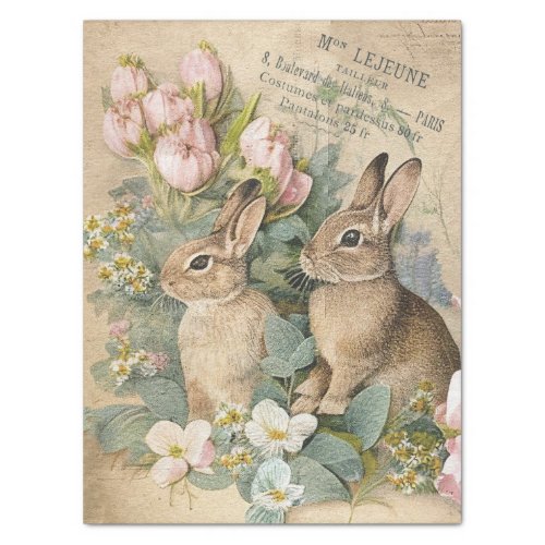 Brown Bunny Rabbit Floral Shabby French Decoupage  Tissue Paper