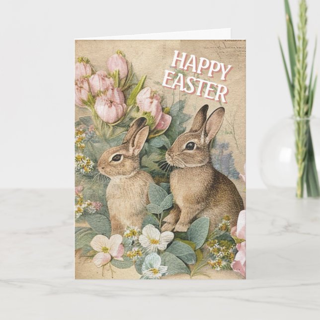 Brown Bunny Rabbit Floral Shabby Happy Easter Holiday Card (Front)