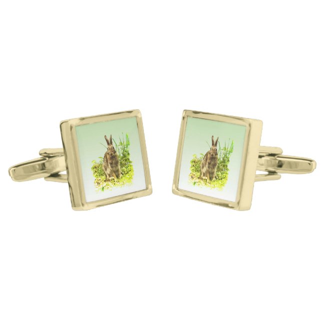 Brown Bunny Rabbit in Green Grass Cufflinks (Angled)