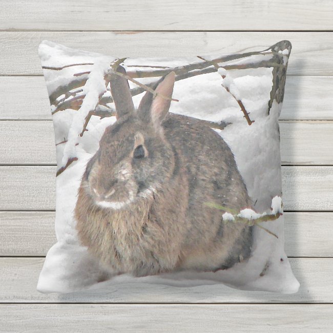 Brown Bunny Rabbit in Snow Outdoor Pillow
