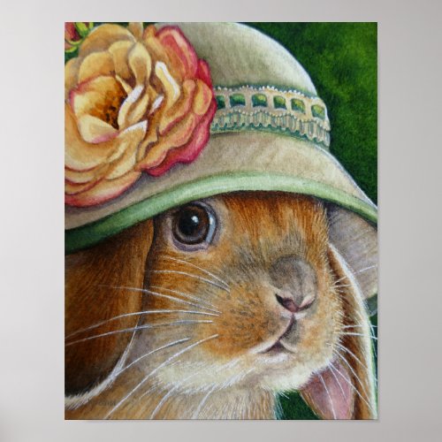 Brown Bunny Rabbit in Spring Bonnet Art 11x14 Poster