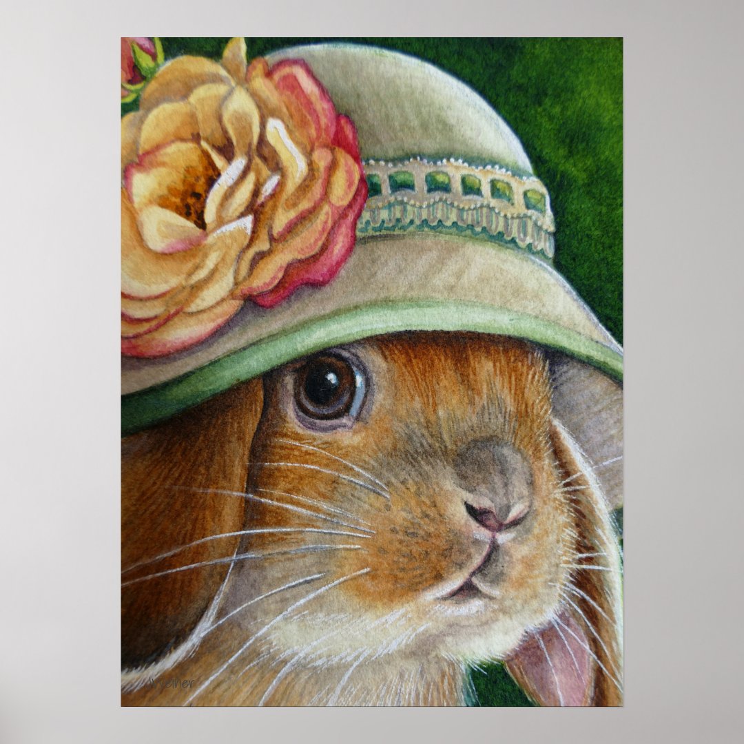 Brown Bunny Rabbit in Spring Bonnet Art 18x24 Poster | Zazzle