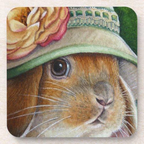 Brown Bunny Rabbit in Spring Bonnet Watercolor Art Beverage Coaster