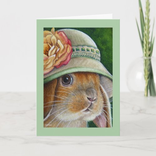 Brown Bunny Rabbit in Spring Bonnet Watercolor Art Card
