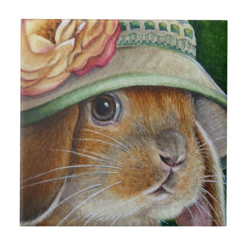 Brown Bunny Rabbit in Spring Bonnet Watercolor Art Ceramic Tile