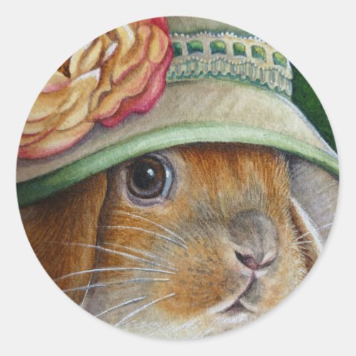Brown Bunny Rabbit in Spring Bonnet Watercolor Art Classic Round Sticker