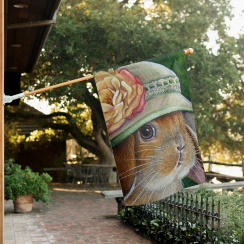 Brown Bunny Rabbit in Spring Bonnet Watercolor Art House Flag