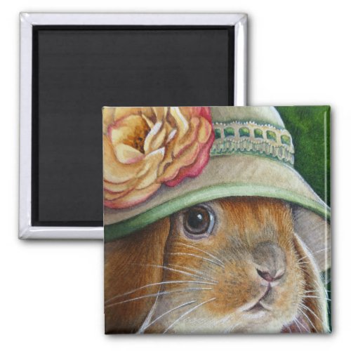 Brown Bunny Rabbit in Spring Bonnet Watercolor Art Magnet