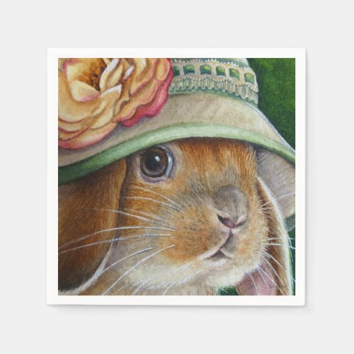 Brown Bunny Rabbit in Spring Bonnet Watercolor Art Napkins