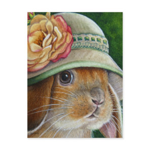 Brown Bunny Rabbit in Spring Bonnet Watercolor Art Postcard