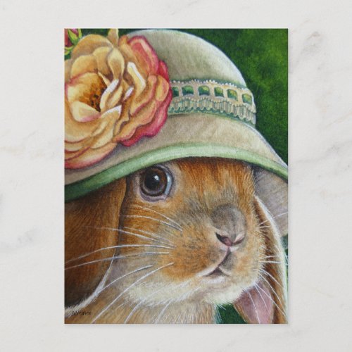 Brown Bunny Rabbit in Spring Bonnet Watercolor Art Postcard