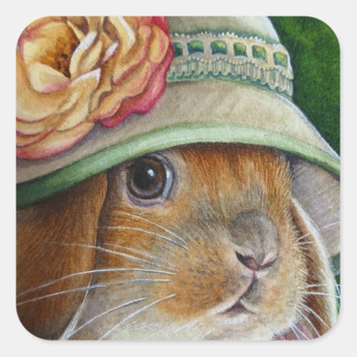 Brown Bunny Rabbit in Spring Bonnet Watercolor Art Square Sticker