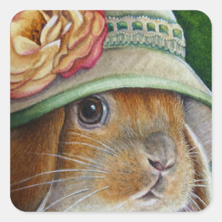 Brown Bunny Rabbit in Spring Bonnet Watercolor Art Square Sticker