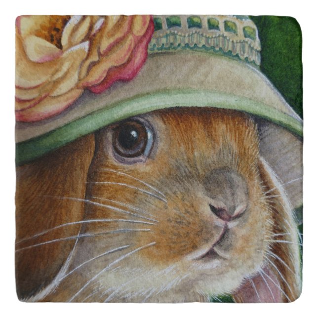 Brown Bunny Rabbit in Spring Bonnet Watercolor Art Trivet (Front)
