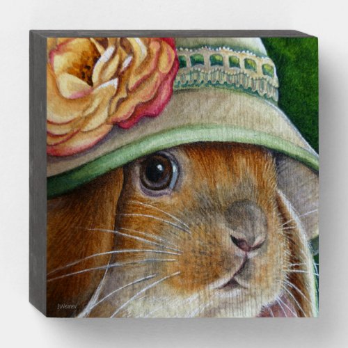 Brown Bunny Rabbit in Spring Bonnet Watercolor Art Wooden Box Sign