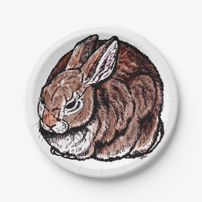 Brown Bunny Rabbit Nature Pen Ink Animal Drawing Paper Plates (Front)