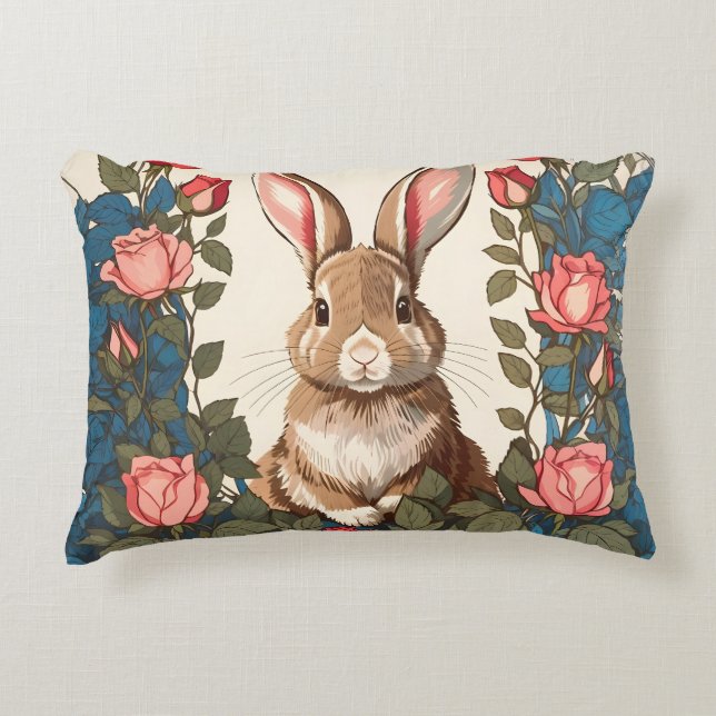 Brown Bunny Rose Garden Accent Pillow (Front)