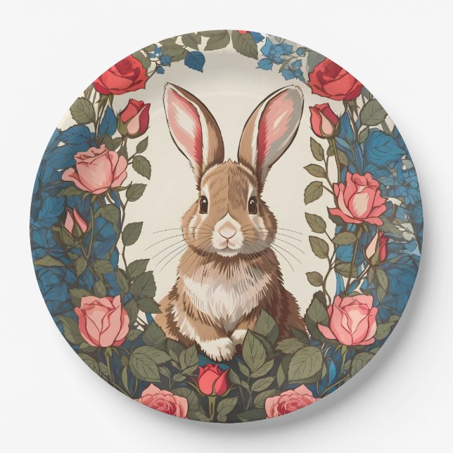 Brown Bunny Rose Garden Paper Plates (Front)