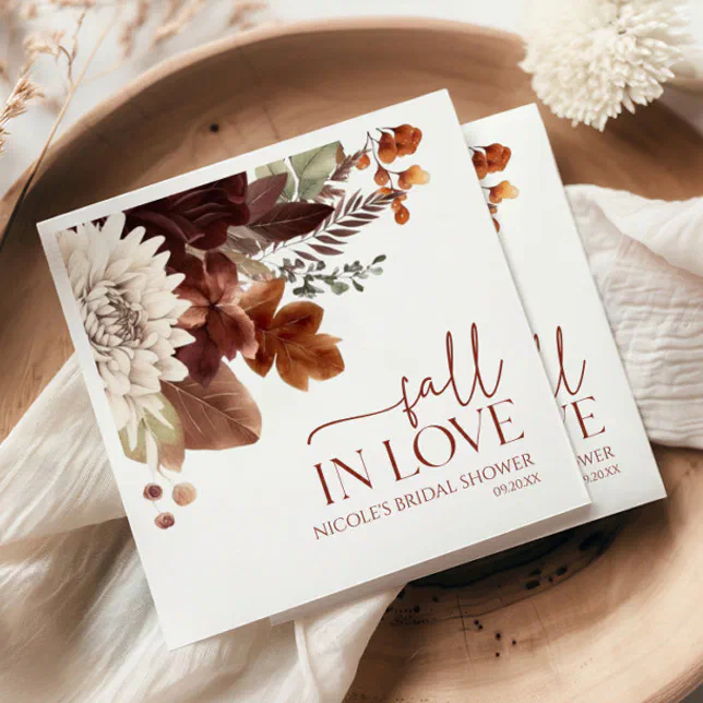 Brown Burgundy Fall In Love Floral Bridal Shower Napkins
