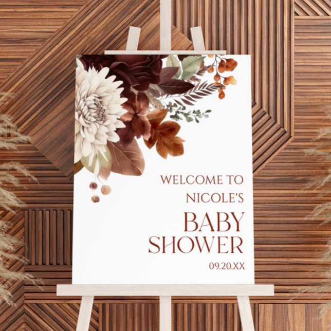 Brown Burgundy Floral Baby Shower Welcome Sign (Creator Uploaded)
