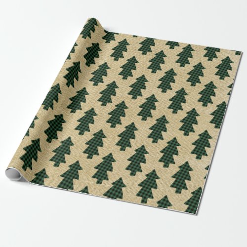 Brown Burlap and Green Buffalo Plaid Wrapping Paper