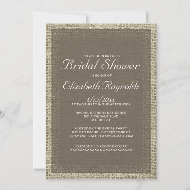 Brown Burlap Bridal Shower Invitations (Front)