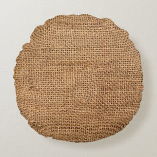 Brown Burlap Cloth Sack Texture Round Pillow