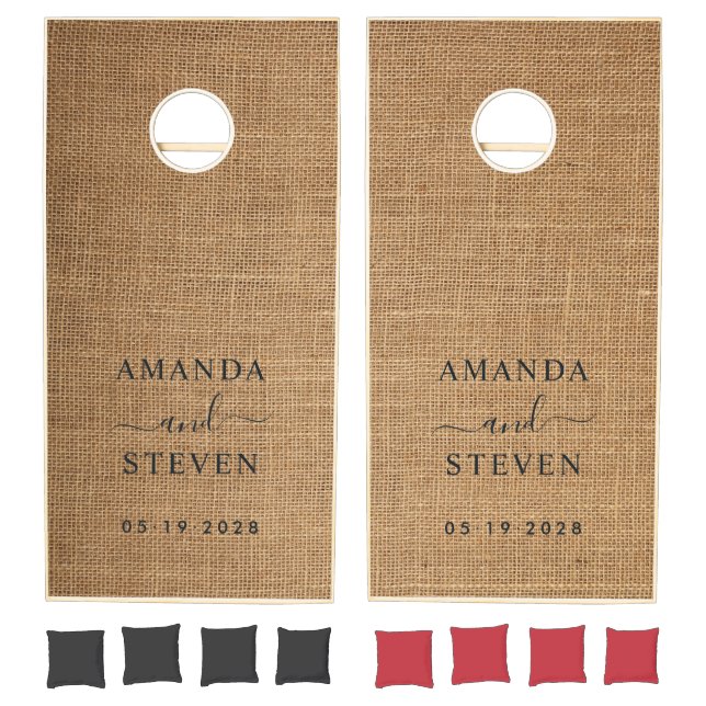 Brown Burlap Couple Names with Wedding Date Cornhole Set (Set)