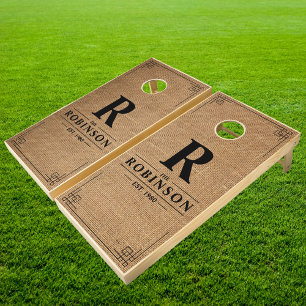 Brown Burlap Family Name & Initial Cornhole Set
