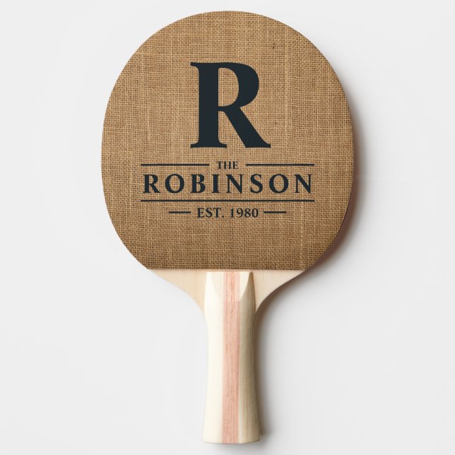 Brown Burlap Family Name & Initial Ping Pong Paddle (Front)