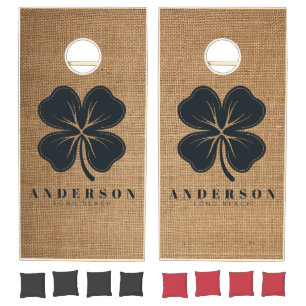 Brown Burlap Four Leaf Clover with Name Cornhole Set