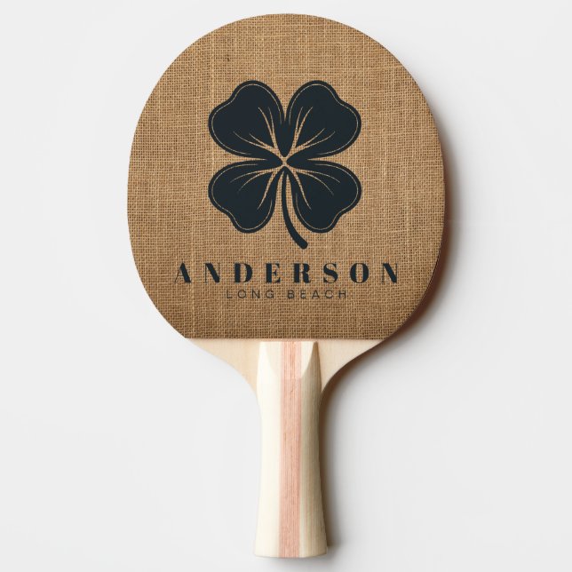 Brown Burlap Four Leaf Clover with Name Ping Pong Paddle (Back)