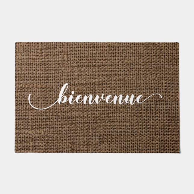 Brown Burlap Look Welcome Bienvenue Mat (Front)