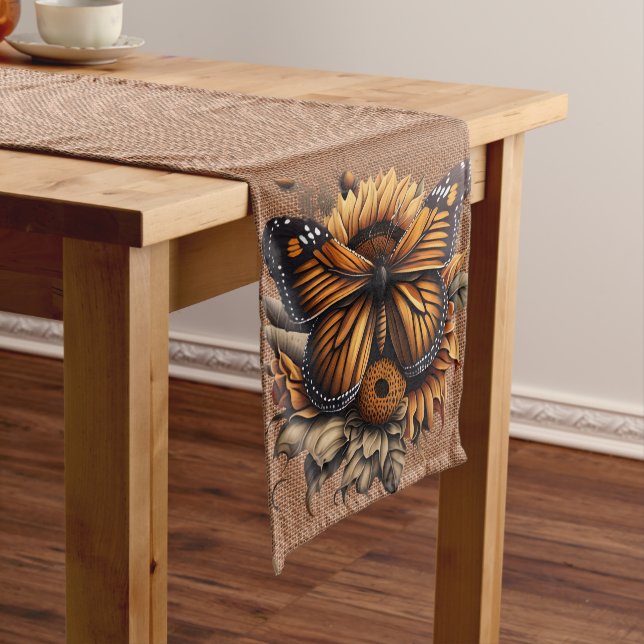 BROWN BURLAP LOOK WITH ORANGE BROWN BUTTERFLY LONG TABLE RUNNER (In Situ)