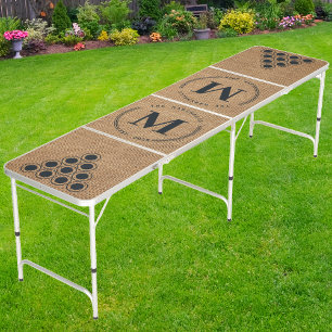 Brown Burlap Modern Circle Monogram Beer Pong Table