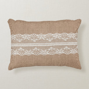 Brown Burlap Off-White Lace Texture Accent Pillow