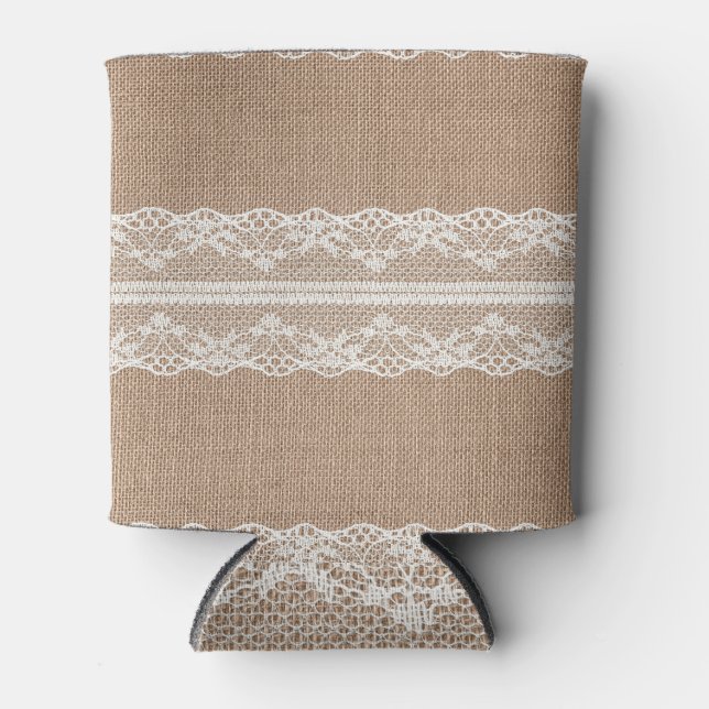 Brown Burlap Off-White Lace Texture Can Cooler (Front)