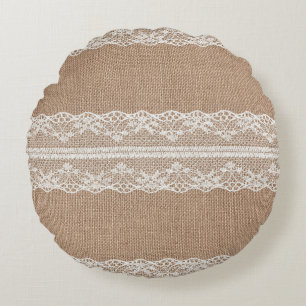 Brown Burlap Off-White Lace Texture Round Pillow