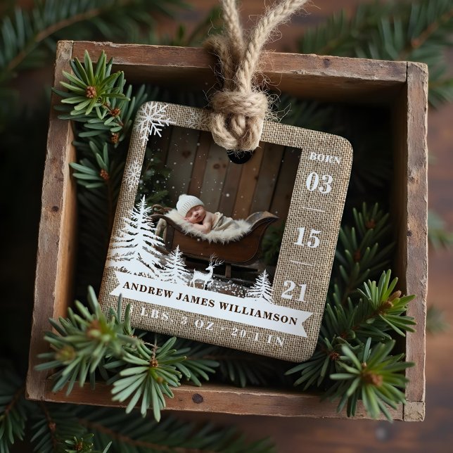 Brown Burlap Pine Tree Baby Birth Stats & Photos Ceramic Ornament (Brown Burlap Pine Tree Baby Birth Stats & Photos Ceramic Ornament)
