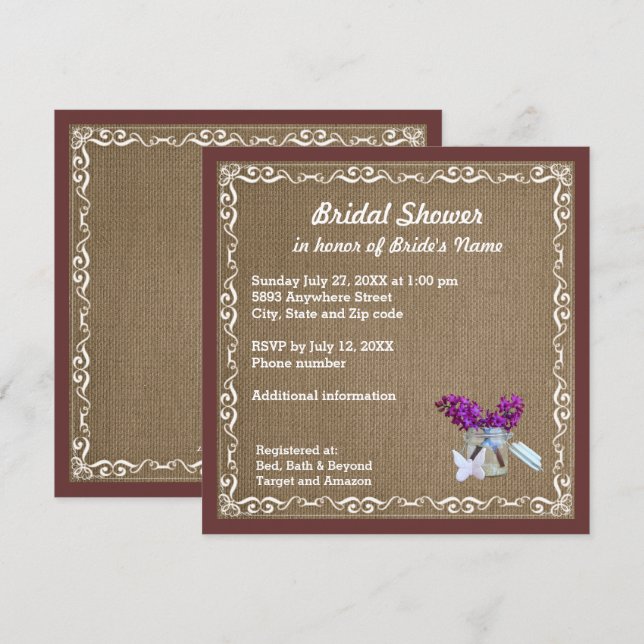 Brown Burlap, Purple Flowers, Jar Bridal Shower Invitation (Front/Back)