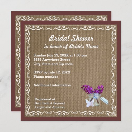 Brown Burlap Purple Flowers Jar Bridal Shower Invitation