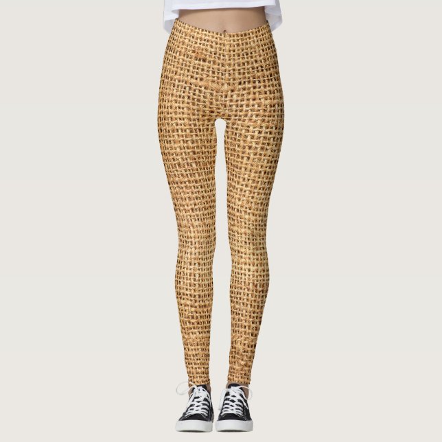 Brown Burlap Sack: Textured Cloth Background Leggings (Front)