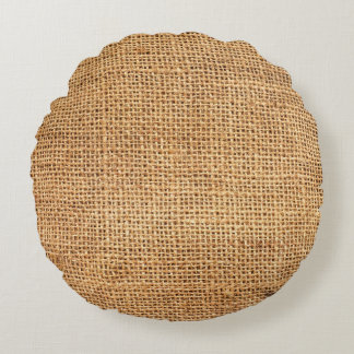 Brown Burlap Sack: Textured Cloth Background Round Pillow