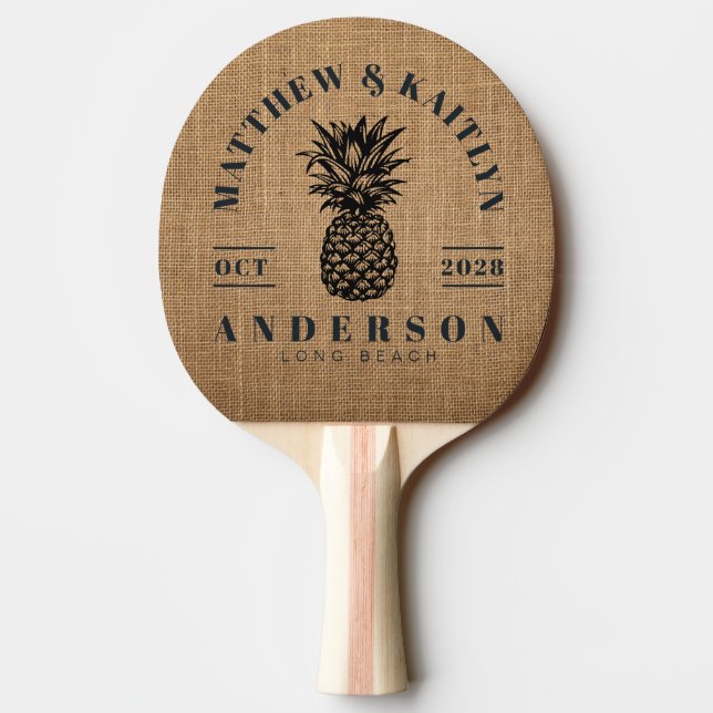 Brown Burlap Tropical Pineapple Wedding Crest Ping Pong Paddle (Back)