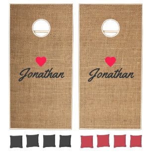 Brown Burlap Vintage Heart Signature Cornhole Set