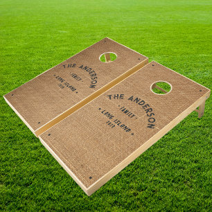 Brown Burlap Vintage Seaside Family Name Cornhole Set