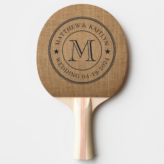 Brown Burlap Wedding Monogram Star Ping Pong Paddle (Front)